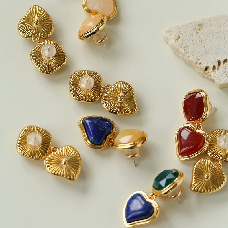 French Vintage Geometric Gemstone Earrings | Agate, White Quartz, Yellow Aventurine & Lapis Lazuli Silver Studs for Women