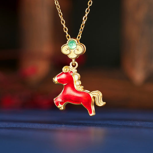This is a S925 sterling silver necklace with horse pendant. The necklace is with gold color and the horse pendent is in red color. It's a delicate clavicle chain which can match many different outfits.
