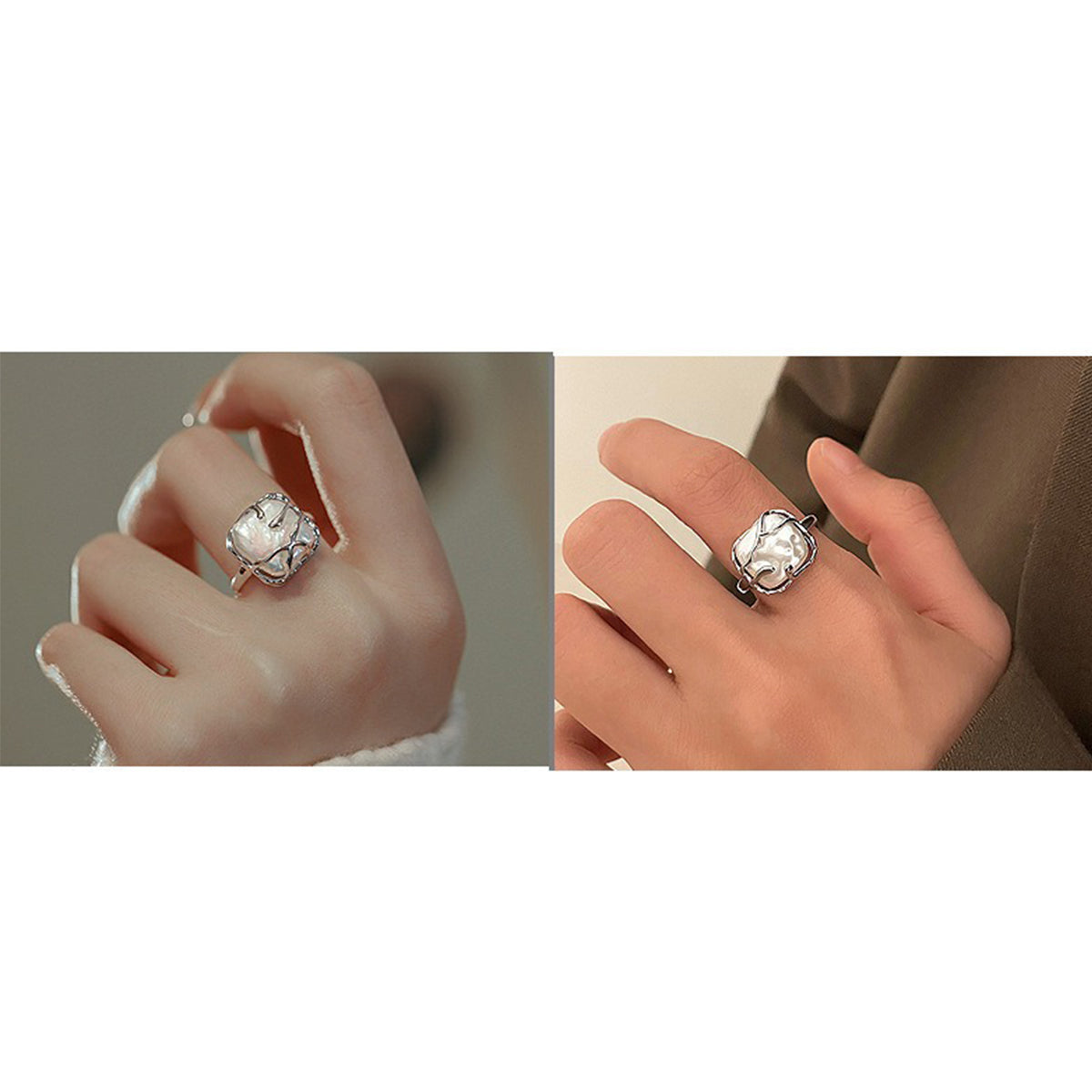 This is a S925 ring with white gold finish. In the ring, there is a square baroque pearl. This is an adjustable ring that carries organic texture and irregular beauty.