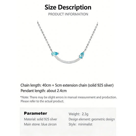 Crafted from polished S925 Sterling Silver, this necklace features a delicate 2.4cm curved bar pendant adorned with shimmering Blue Zircons to mimic a gentle, confident smile. The minimalist design is suspended on an adjustable 40cm clavicle chain, offering a mirror-like finish and a sophisticated touch of quiet luxury.