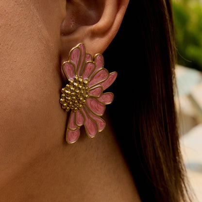 Luxury Rose Enamel Stud Earrings | Stainless Steel Geometric Flower Earrings for Women