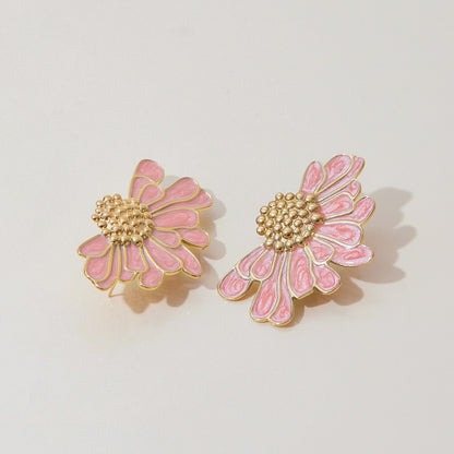 Luxury Rose Enamel Stud Earrings | Stainless Steel Geometric Flower Earrings for Women