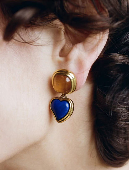French Vintage Geometric Gemstone Earrings | Agate, White Quartz, Yellow Aventurine & Lapis Lazuli Silver Studs for Women