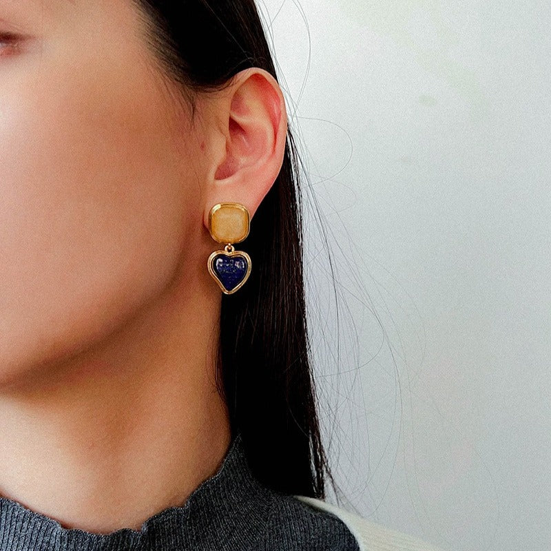 French Vintage Geometric Gemstone Earrings | Agate, White Quartz, Yellow Aventurine & Lapis Lazuli Silver Studs for Women