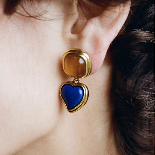 French Vintage Geometric Gemstone Earrings | Agate, White Quartz, Yellow Aventurine & Lapis Lazuli Silver Studs for Women