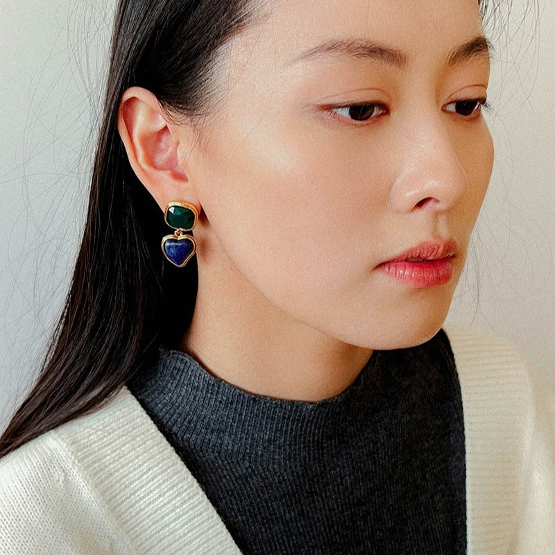 French Vintage Geometric Gemstone Earrings | Agate, White Quartz, Yellow Aventurine & Lapis Lazuli Silver Studs for Women