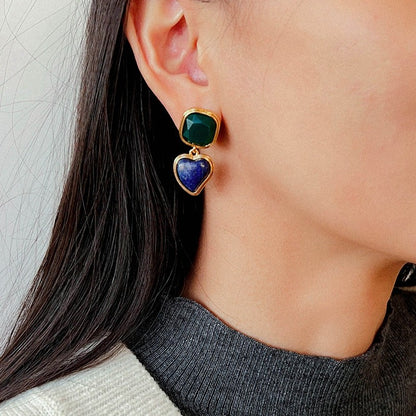 French Vintage Geometric Gemstone Earrings | Agate, White Quartz, Yellow Aventurine & Lapis Lazuli Silver Studs for Women