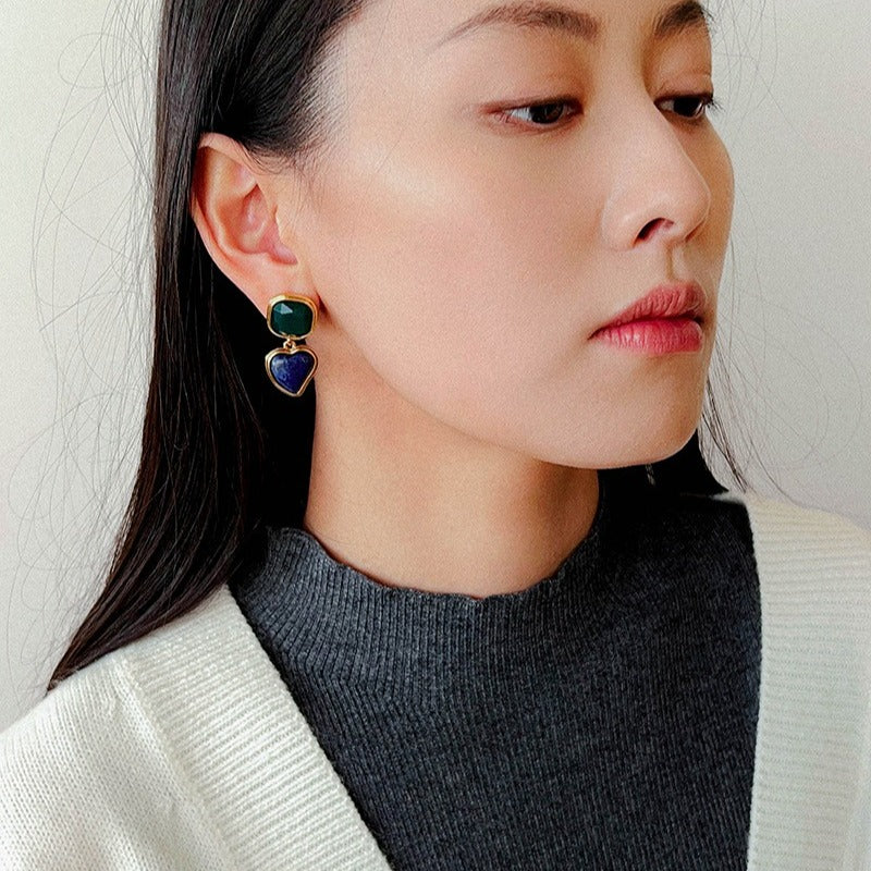 French Vintage Geometric Gemstone Earrings | Agate, White Quartz, Yellow Aventurine & Lapis Lazuli Silver Studs for Women