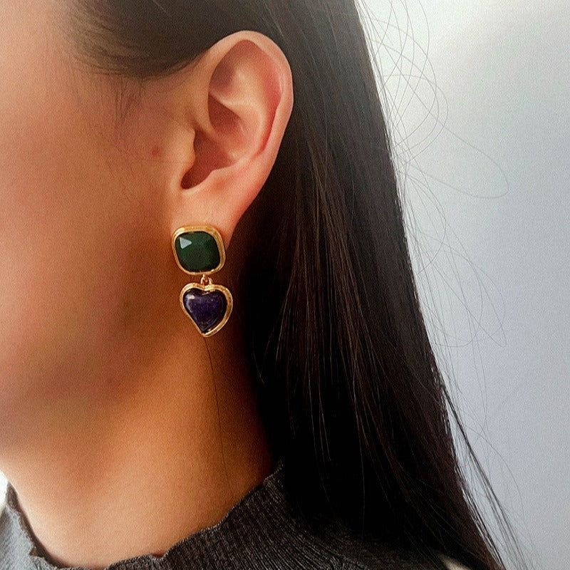 French Vintage Geometric Gemstone Earrings | Agate, White Quartz, Yellow Aventurine & Lapis Lazuli Silver Studs for Women