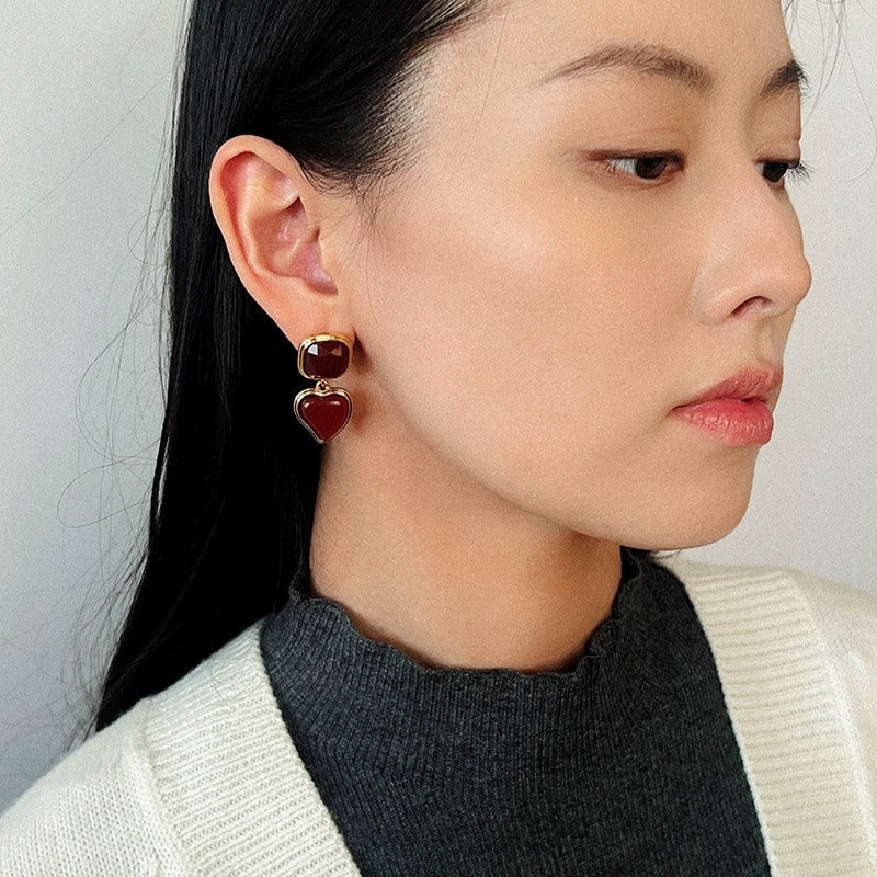 French Vintage Geometric Gemstone Earrings | Agate, White Quartz, Yellow Aventurine & Lapis Lazuli Silver Studs for Women