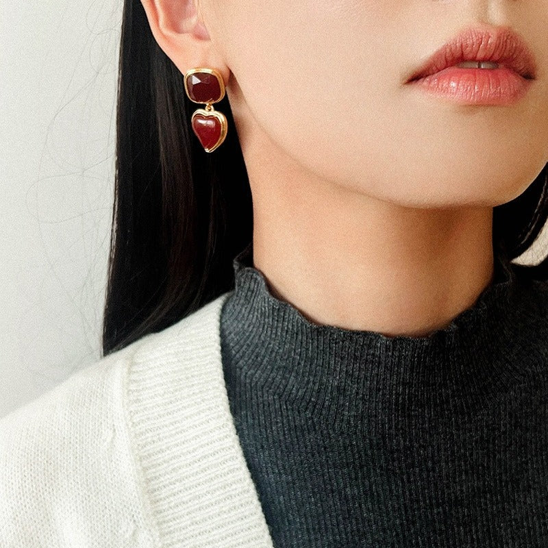 French Vintage Geometric Gemstone Earrings | Agate, White Quartz, Yellow Aventurine & Lapis Lazuli Silver Studs for Women