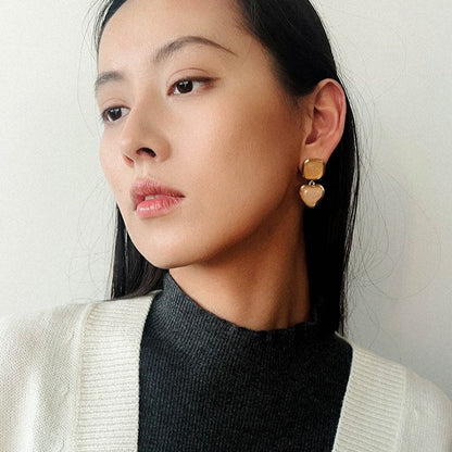 French Vintage Geometric Gemstone Earrings | Agate, White Quartz, Yellow Aventurine & Lapis Lazuli Silver Studs for Women