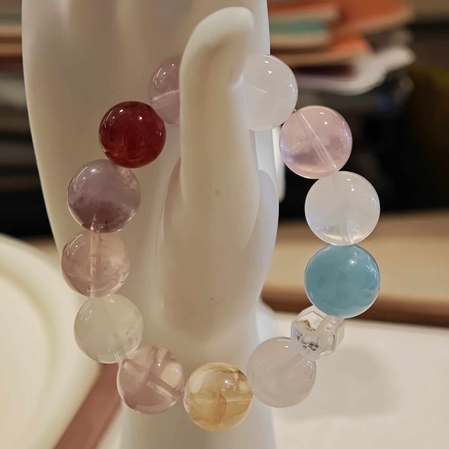 White Phantom Quartz x Aquamarine x Rose Quartz: Handmade Multi-Gem Crystal Bracelet