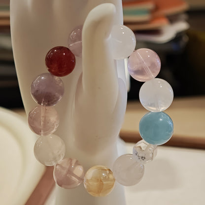 White Phantom Quartz x Aquamarine x Rose Quartz: Handmade Multi-Gem Crystal Bracelet