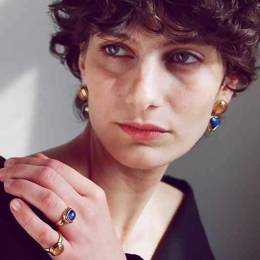 French Vintage Geometric Gemstone Earrings | Agate, White Quartz, Yellow Aventurine & Lapis Lazuli Silver Studs for Women