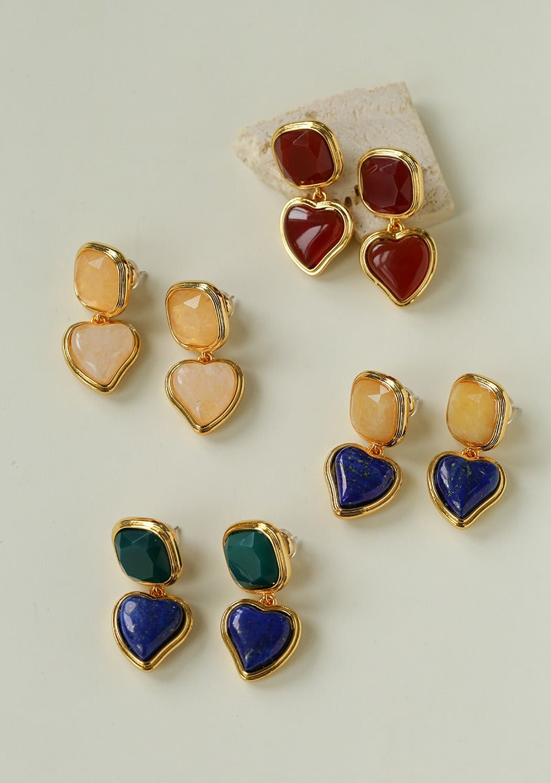 French Vintage Geometric Gemstone Earrings | Agate, White Quartz, Yellow Aventurine & Lapis Lazuli Silver Studs for Women