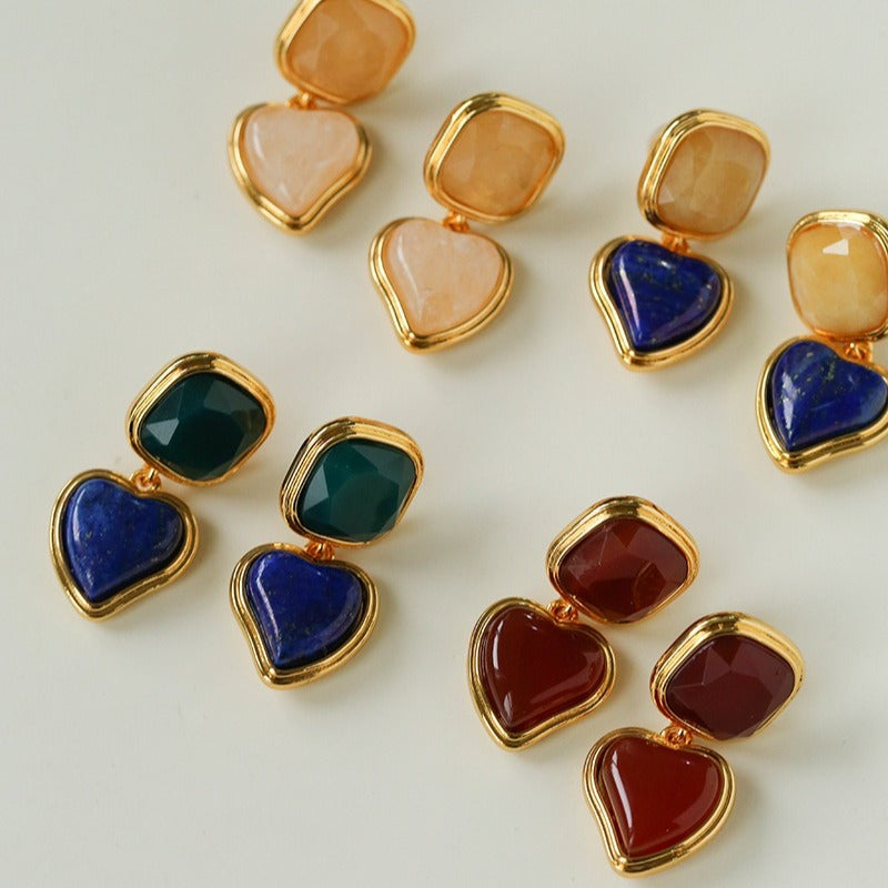 French Vintage Geometric Gemstone Earrings | Agate, White Quartz, Yellow Aventurine & Lapis Lazuli Silver Studs for Women