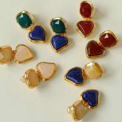 French Vintage Geometric Gemstone Earrings | Agate, White Quartz, Yellow Aventurine & Lapis Lazuli Silver Studs for Women