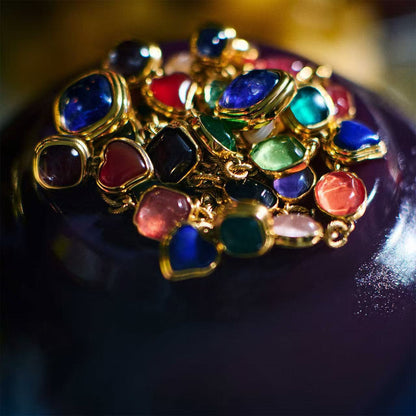 French Vintage Geometric Gemstone Earrings | Agate, White Quartz, Yellow Aventurine & Lapis Lazuli Silver Studs for Women