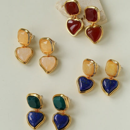 French Vintage Geometric Gemstone Earrings | Agate, White Quartz, Yellow Aventurine & Lapis Lazuli Silver Studs for Women
