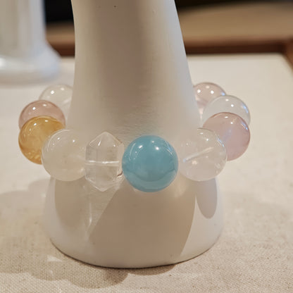 White Phantom Quartz x Aquamarine x Rose Quartz: Handmade Multi-Gem Crystal Bracelet