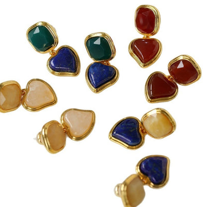 French Vintage Geometric Gemstone Earrings | Agate, White Quartz, Yellow Aventurine & Lapis Lazuli Silver Studs for Women
