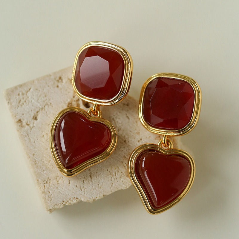 French Vintage Geometric Gemstone Earrings | Agate, White Quartz, Yellow Aventurine & Lapis Lazuli Silver Studs for Women