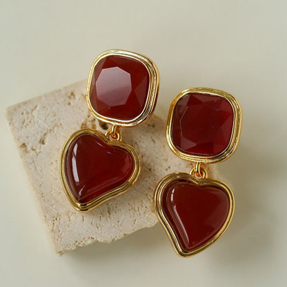 French Vintage Geometric Gemstone Earrings | Agate, White Quartz, Yellow Aventurine & Lapis Lazuli Silver Studs for Women