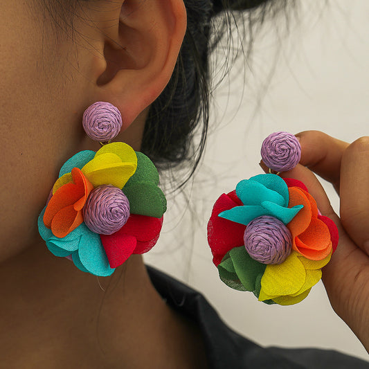 Handmade Raffia Flower Earrings | Boho Woven Fabric Statement Earrings for Summer & Beach