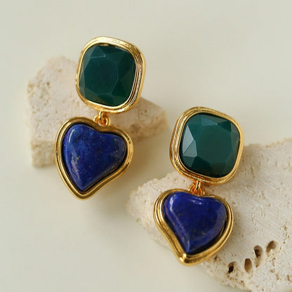 French Vintage Geometric Gemstone Earrings | Agate, White Quartz, Yellow Aventurine & Lapis Lazuli Silver Studs for Women