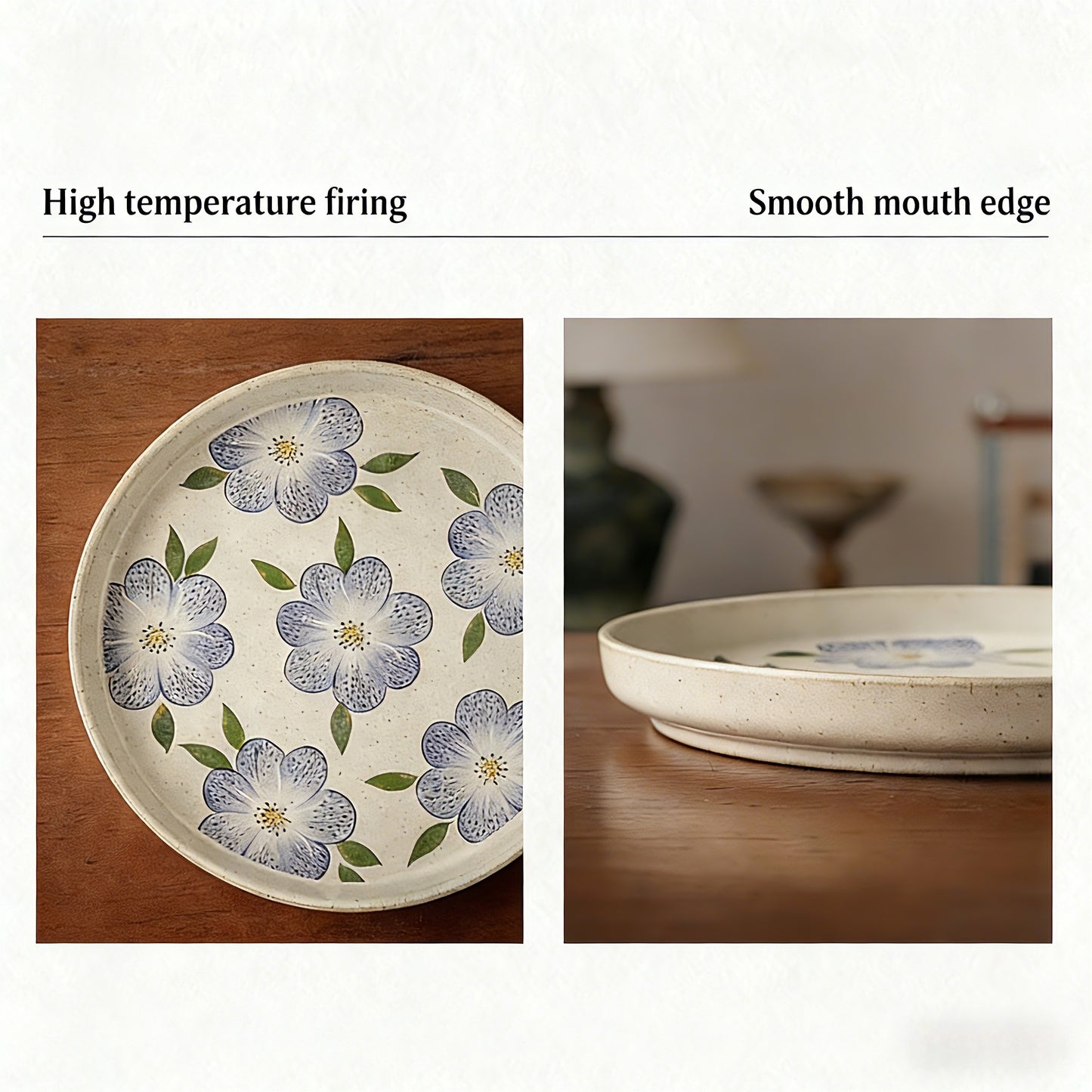 This is an 8-inch ceramic plate with straight-edged round shape. In the surface of the plate, there are sesame glaze and vintage clematis patterns.