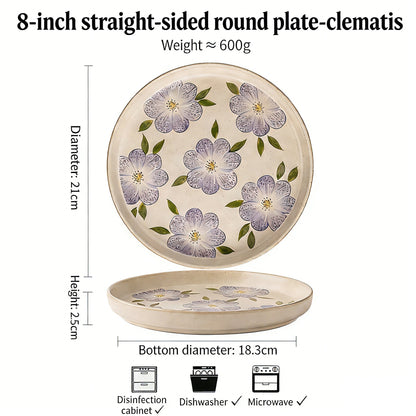 This is an 8-inch ceramic plate with straight-edged round shape. In the surface of the plate, there are sesame glaze and vintage clematis patterns.