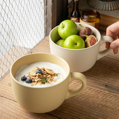 This is a 825ml big matte ceramic mug and oatmeal bowl. 2 colors for options: egg yolk and creamy yellow.