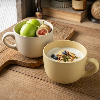 This is a 825ml big matte ceramic mug and oatmeal bowl. 2 colors for options: egg yolk and creamy yellow.