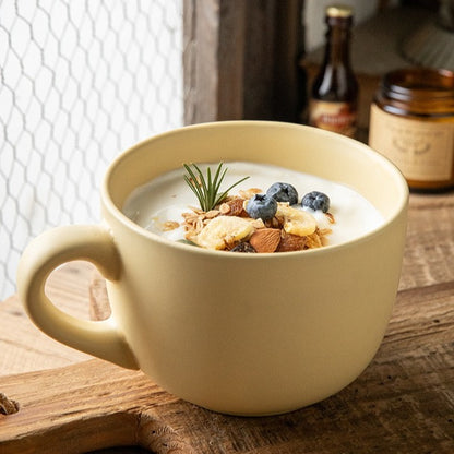 This is a 825ml big matte ceramic mug and oatmeal bowl. 2 colors for options: egg yolk and creamy yellow.