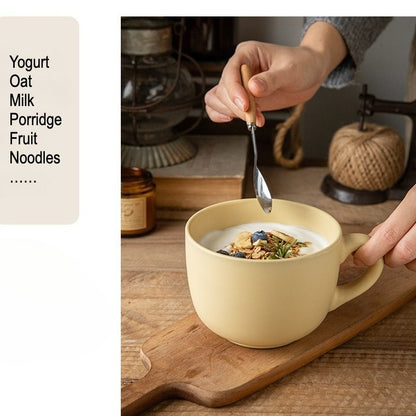 This is a 825ml big matte ceramic mug and oatmeal bowl. 2 colors for options: egg yolk and creamy yellow.