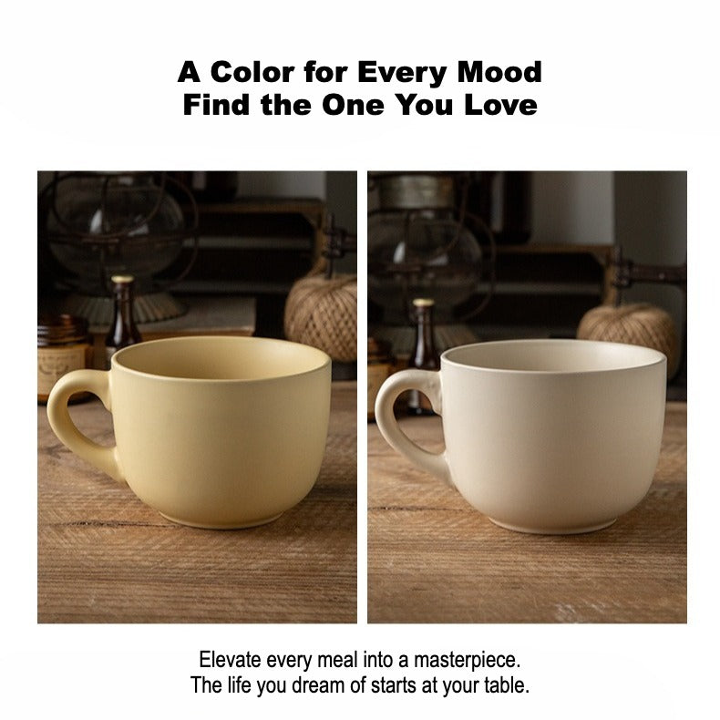 This is a 825ml big matte ceramic mug and oatmeal bowl. 2 colors for options: egg yolk and creamy yellow.