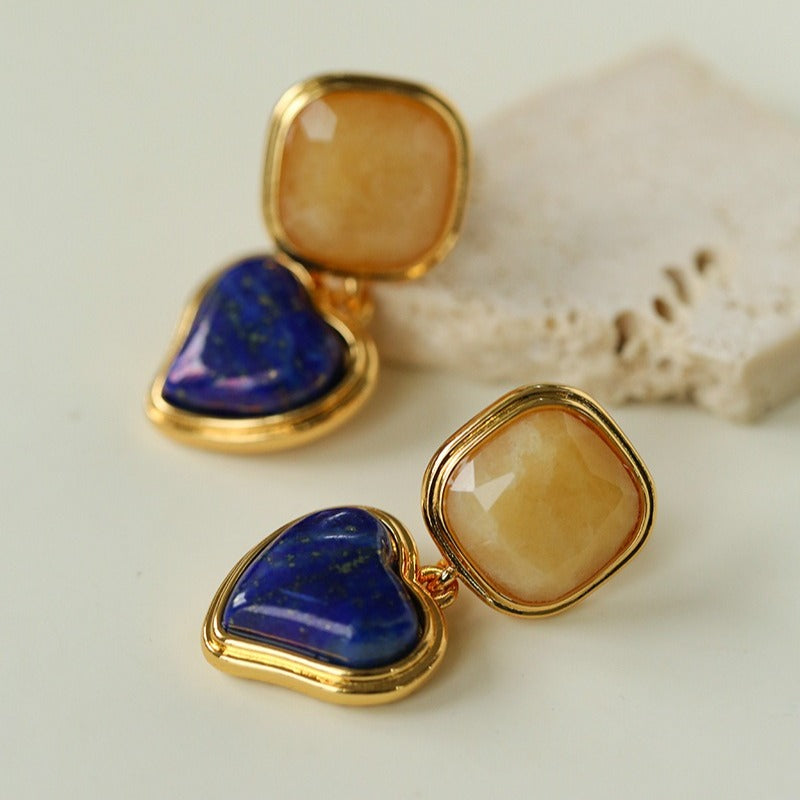 French Vintage Geometric Gemstone Earrings | Agate, White Quartz, Yellow Aventurine & Lapis Lazuli Silver Studs for Women