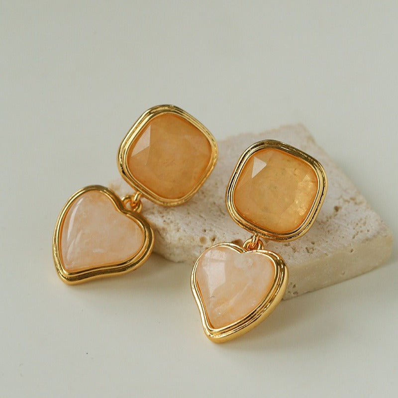 French Vintage Geometric Gemstone Earrings | Agate, White Quartz, Yellow Aventurine & Lapis Lazuli Silver Studs for Women