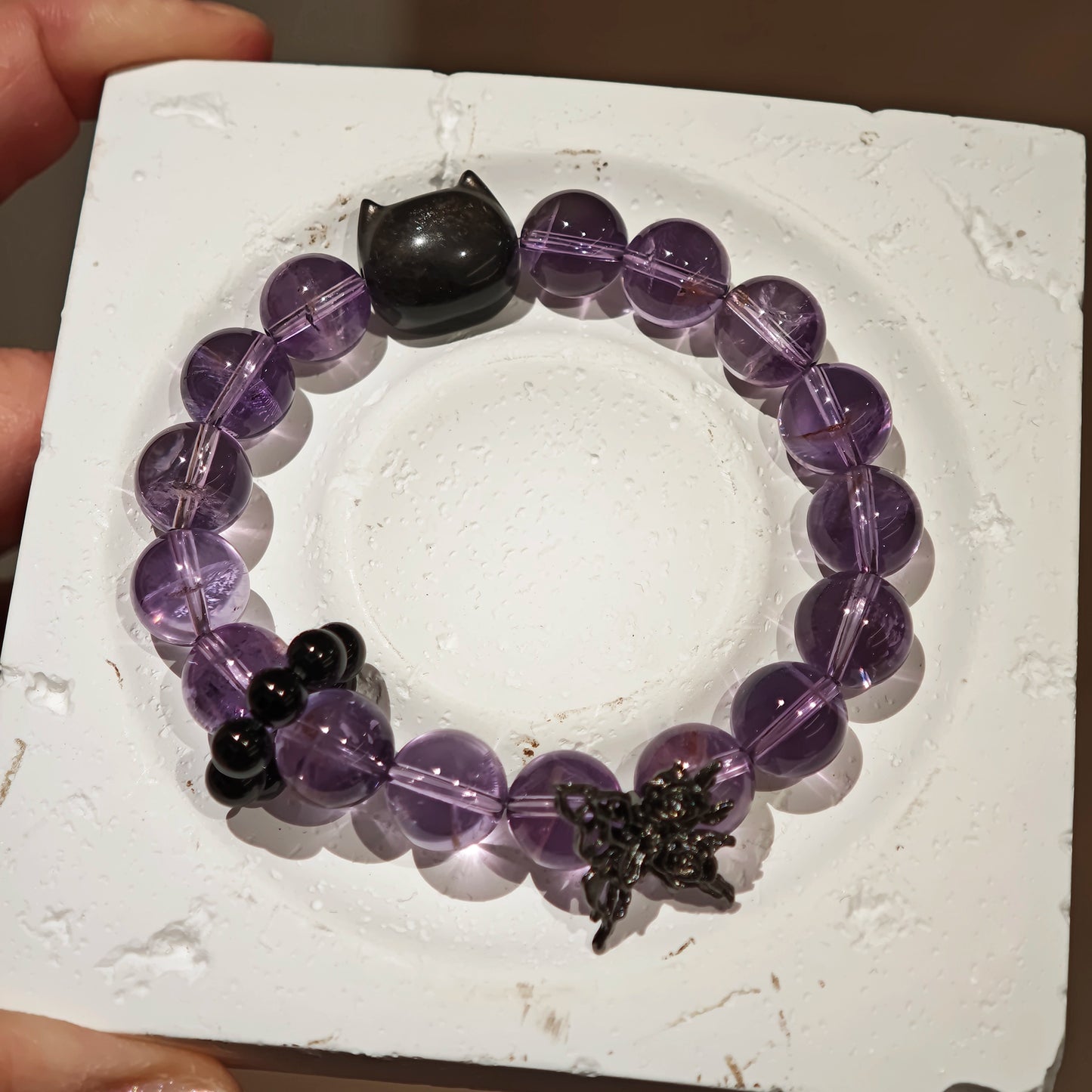 Amethyst Bracelet with Silver Obsidian and Black Agate