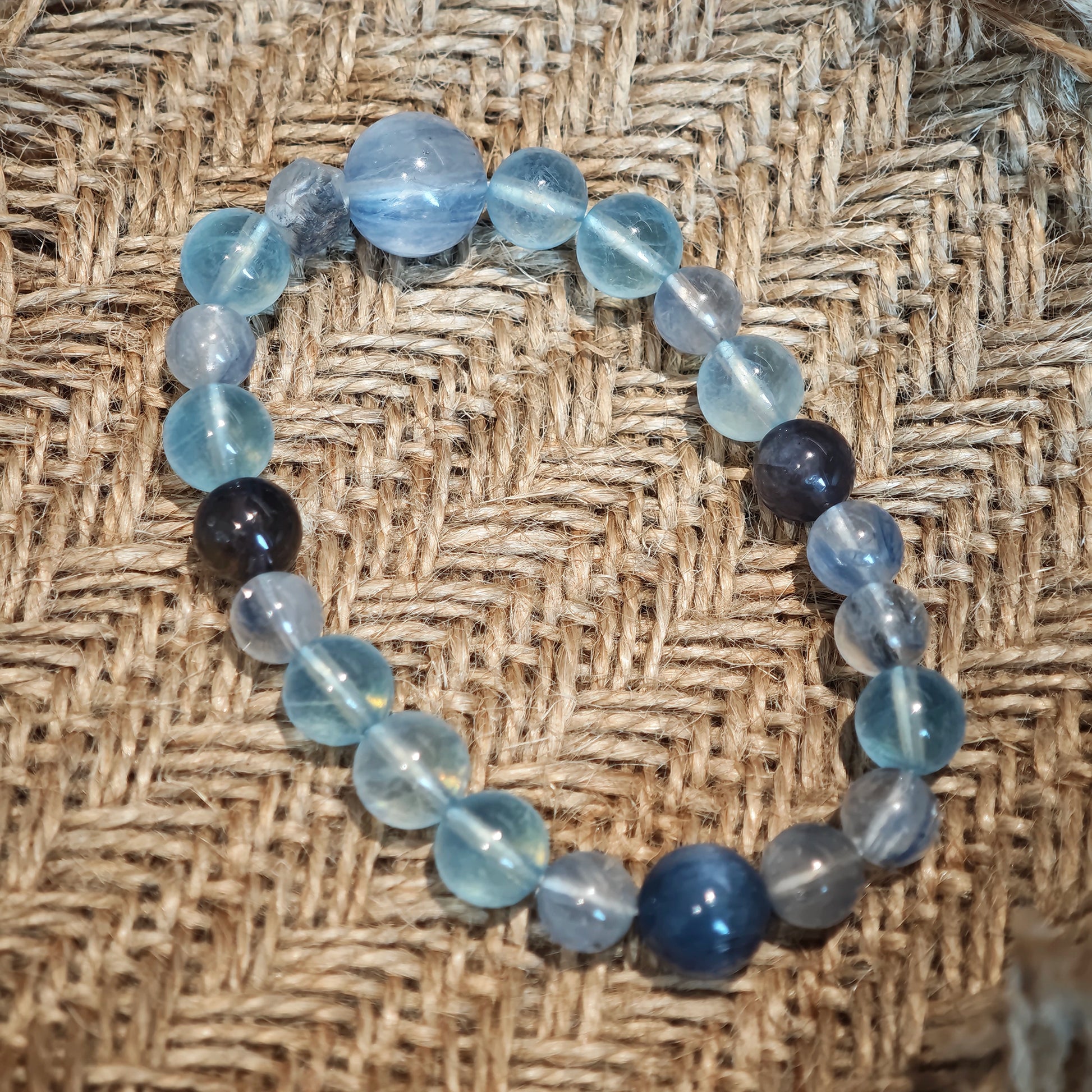 This is a gemstone bracelet consists of Kyanite, Blue Velvet Stone, Aquamarine, and Cordierite.