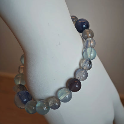 This is a gemstone bracelet consists of Kyanite, Blue Velvet Stone, Aquamarine, and Cordierite.