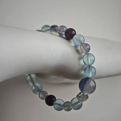 This is a gemstone bracelet consists of Kyanite, Blue Velvet Stone, Aquamarine, and Cordierite.