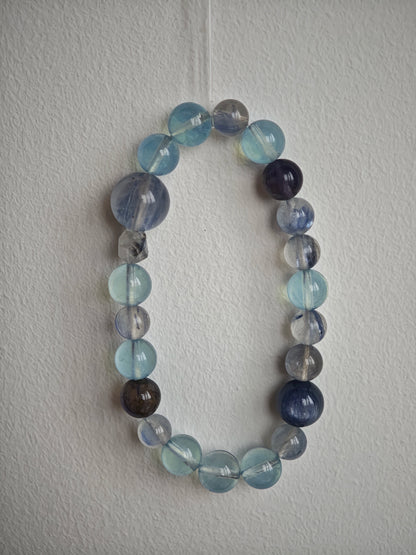 This is a gemstone bracelet consists of Kyanite, Blue Velvet Stone, Aquamarine, and Cordierite.