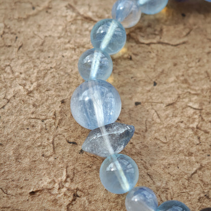 This is a gemstone bracelet consists of Kyanite, Blue Velvet Stone, Aquamarine, and Cordierite.