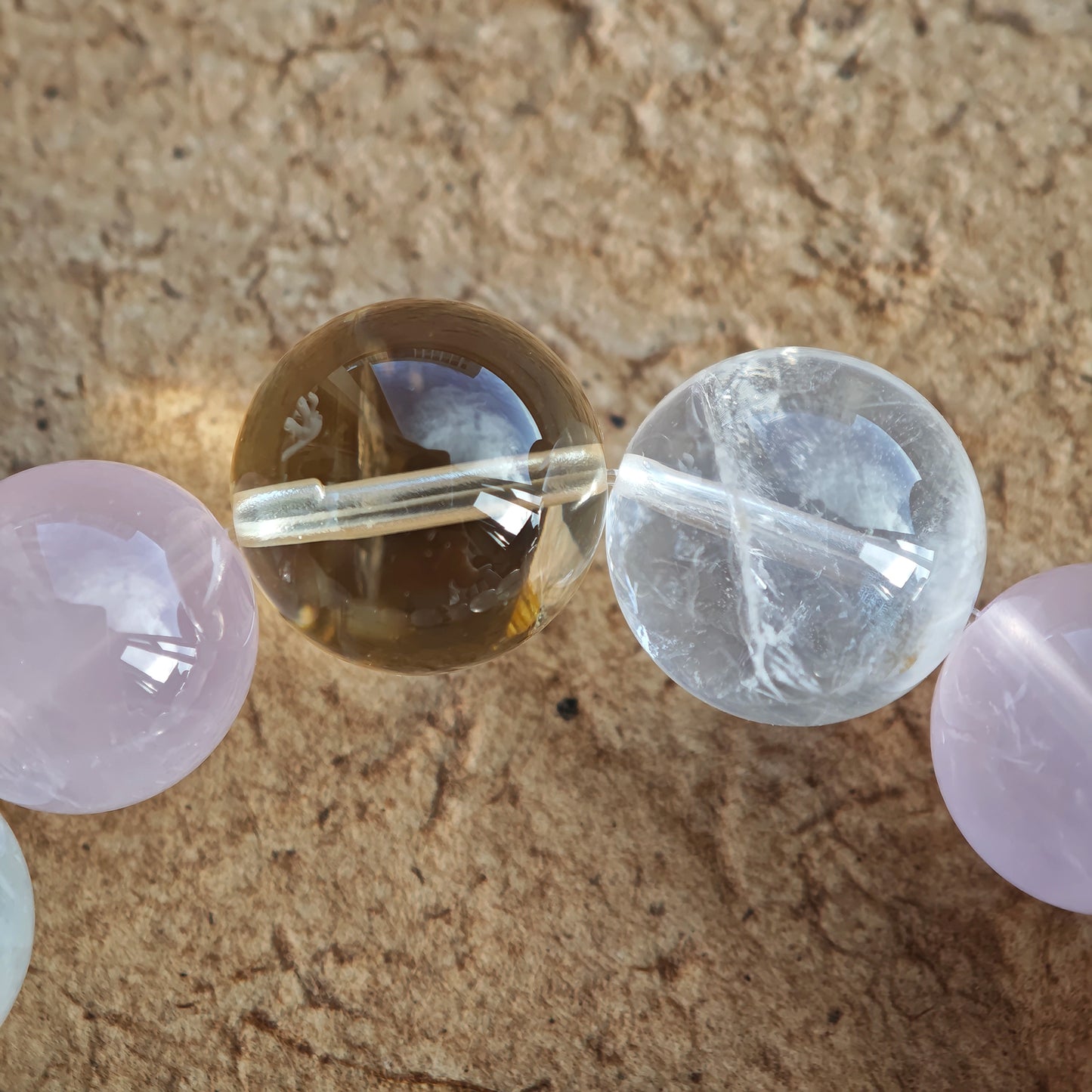 Citrine on the Rose Quartz and White Phantom Quartz Bracelet