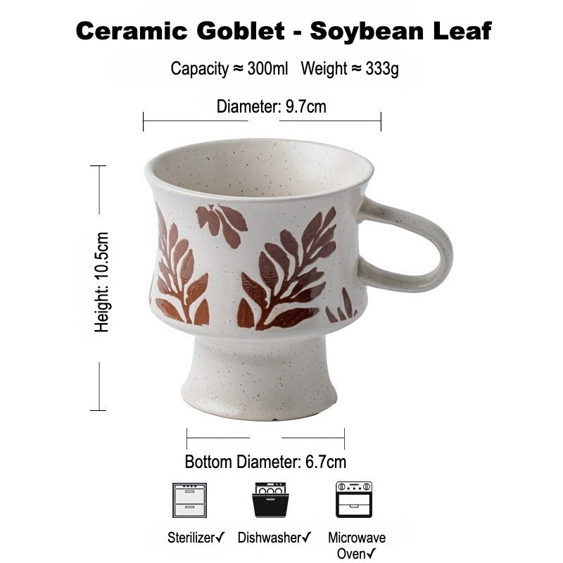 This is a 300ml ceramic goblet mug with hand-painted leaf or flower patterns and a matte sesame-speckled glaze design. With mouth diameter of 9.7, bottom diameter of 6.7cm and height of 10.5cm, this mug is ideal for coffee, milk, water, or oatmeal during slow mornings or quiet afternoons.