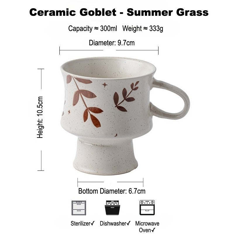 This is a 300ml ceramic goblet mug with hand-painted leaf or flower patterns and a matte sesame-speckled glaze design. With mouth diameter of 9.7, bottom diameter of 6.7cm and height of 10.5cm, this mug is ideal for coffee, milk, water, or oatmeal during slow mornings or quiet afternoons.