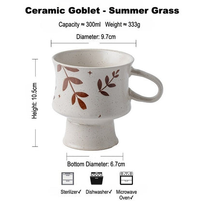 This is a 300ml ceramic goblet mug with hand-painted leaf or flower patterns and a matte sesame-speckled glaze design. With mouth diameter of 9.7, bottom diameter of 6.7cm and height of 10.5cm, this mug is ideal for coffee, milk, water, or oatmeal during slow mornings or quiet afternoons.