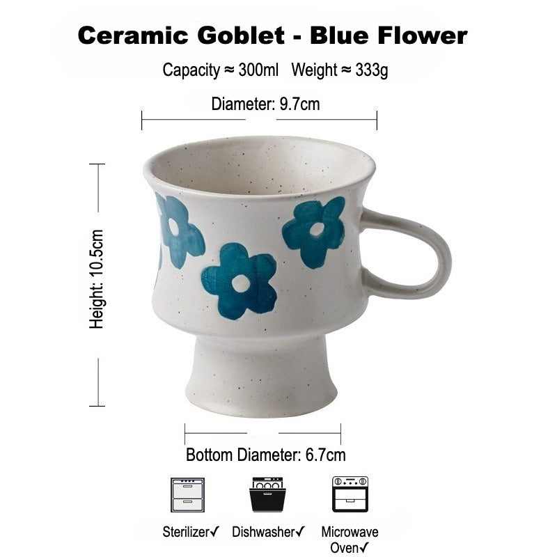 This is a 300ml ceramic goblet mug with hand-painted leaf or flower patterns and a matte sesame-speckled glaze design. With mouth diameter of 9.7, bottom diameter of 6.7cm and height of 10.5cm, this mug is ideal for coffee, milk, water, or oatmeal during slow mornings or quiet afternoons.